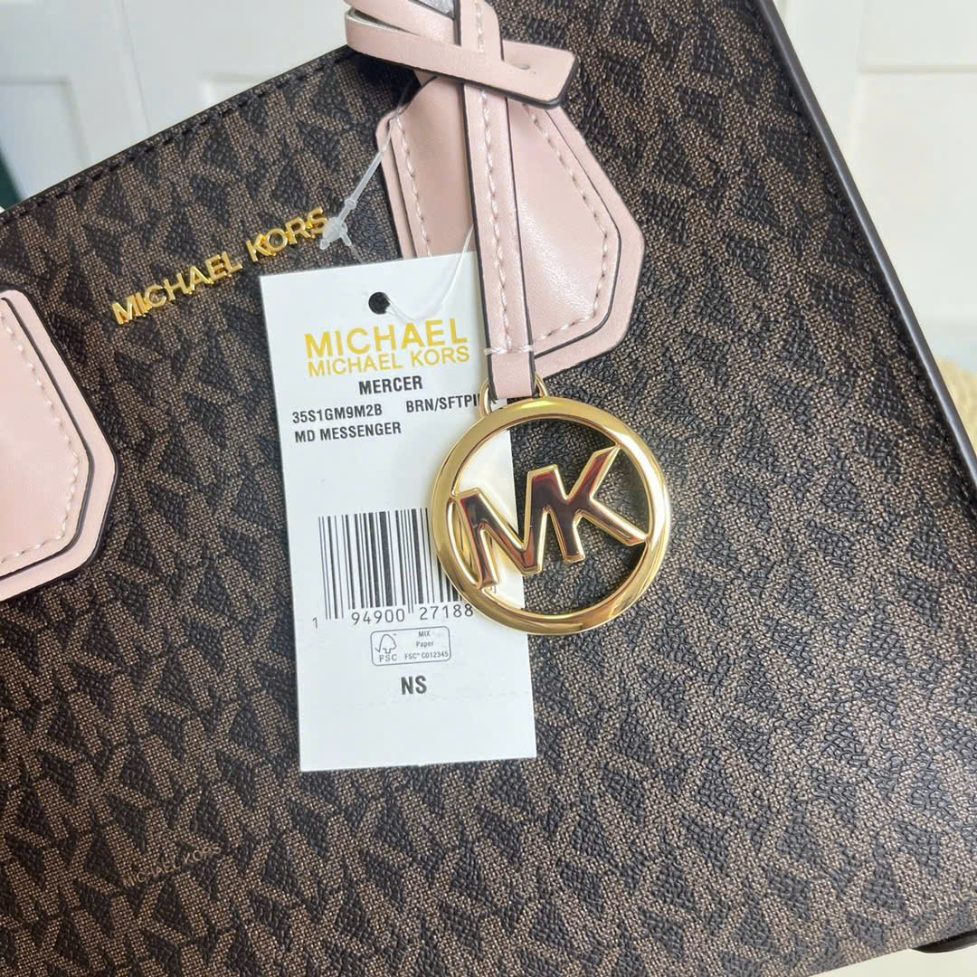 Túi MK Michael Kors Mercer Medium Monogram Tote Dark Brown Nude Pink 2
