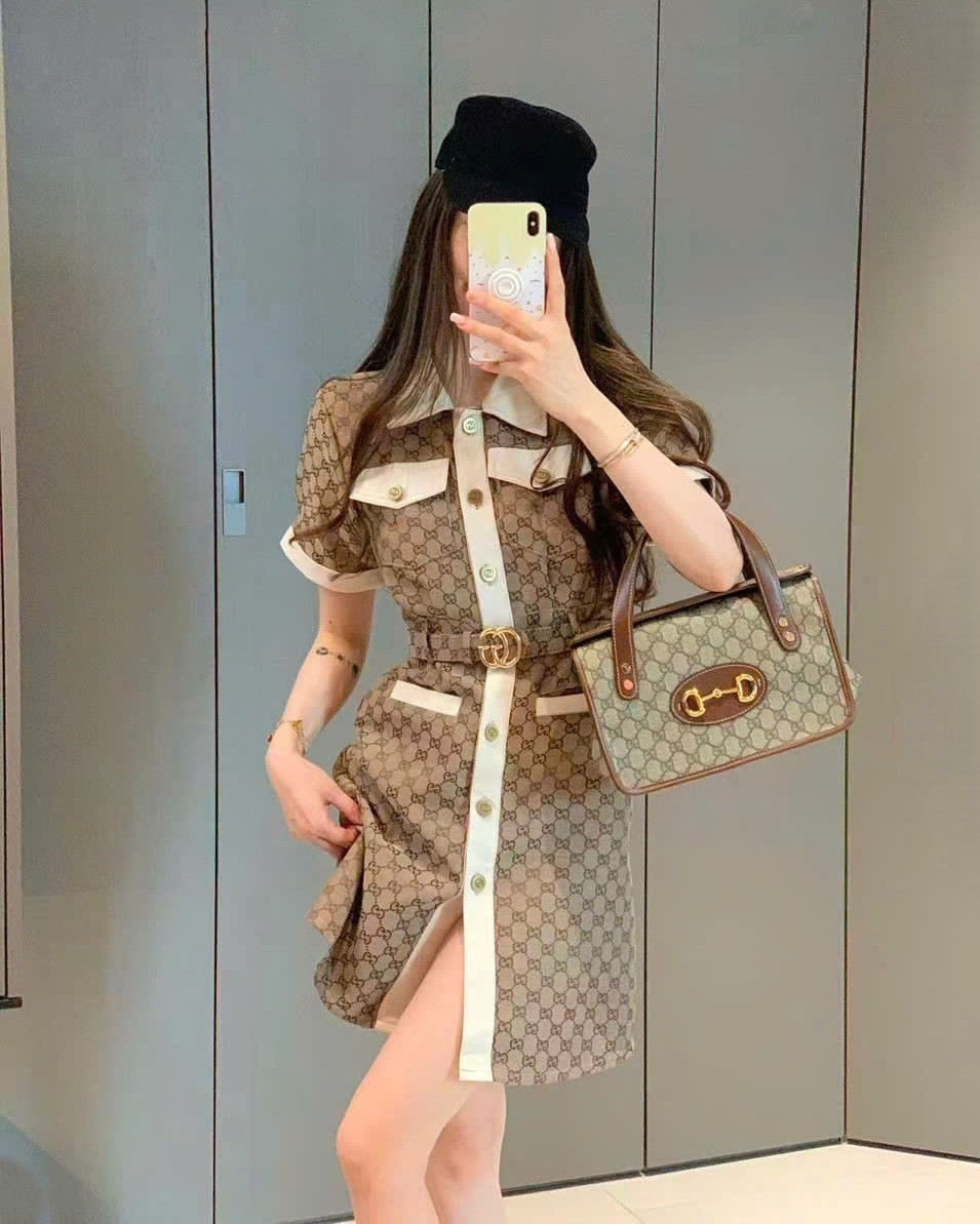 Đầm nâu nữ Gucci phối viền màu kem 2