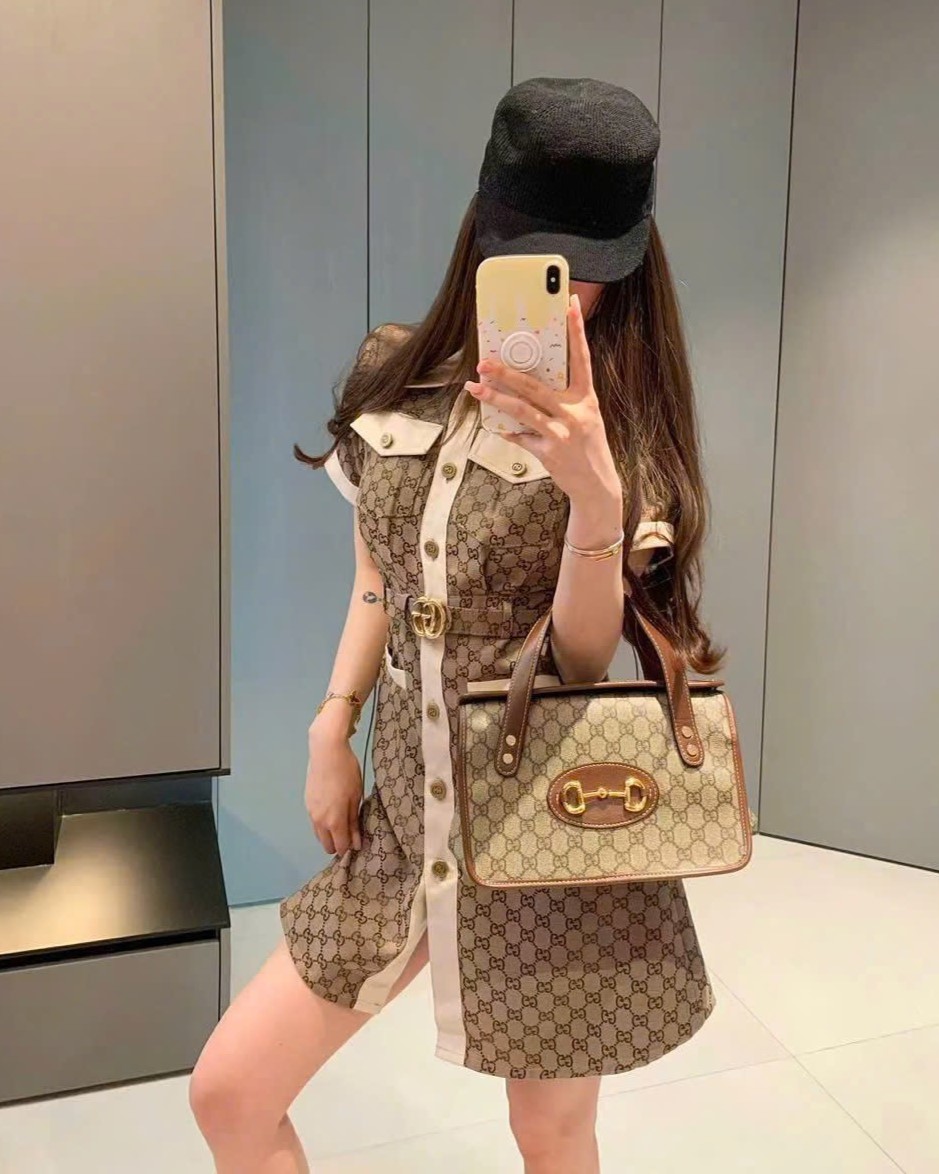 Đầm nâu nữ Gucci phối viền màu kem 5