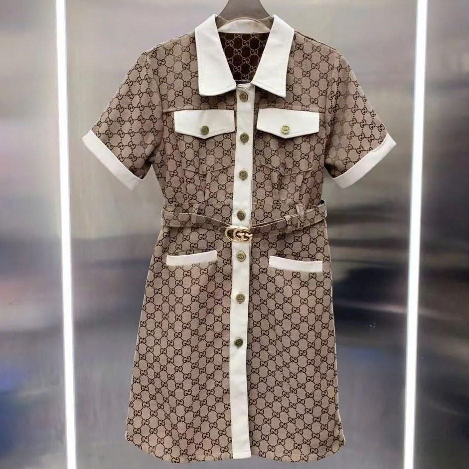 Đầm nâu nữ Gucci phối viền màu kem 11