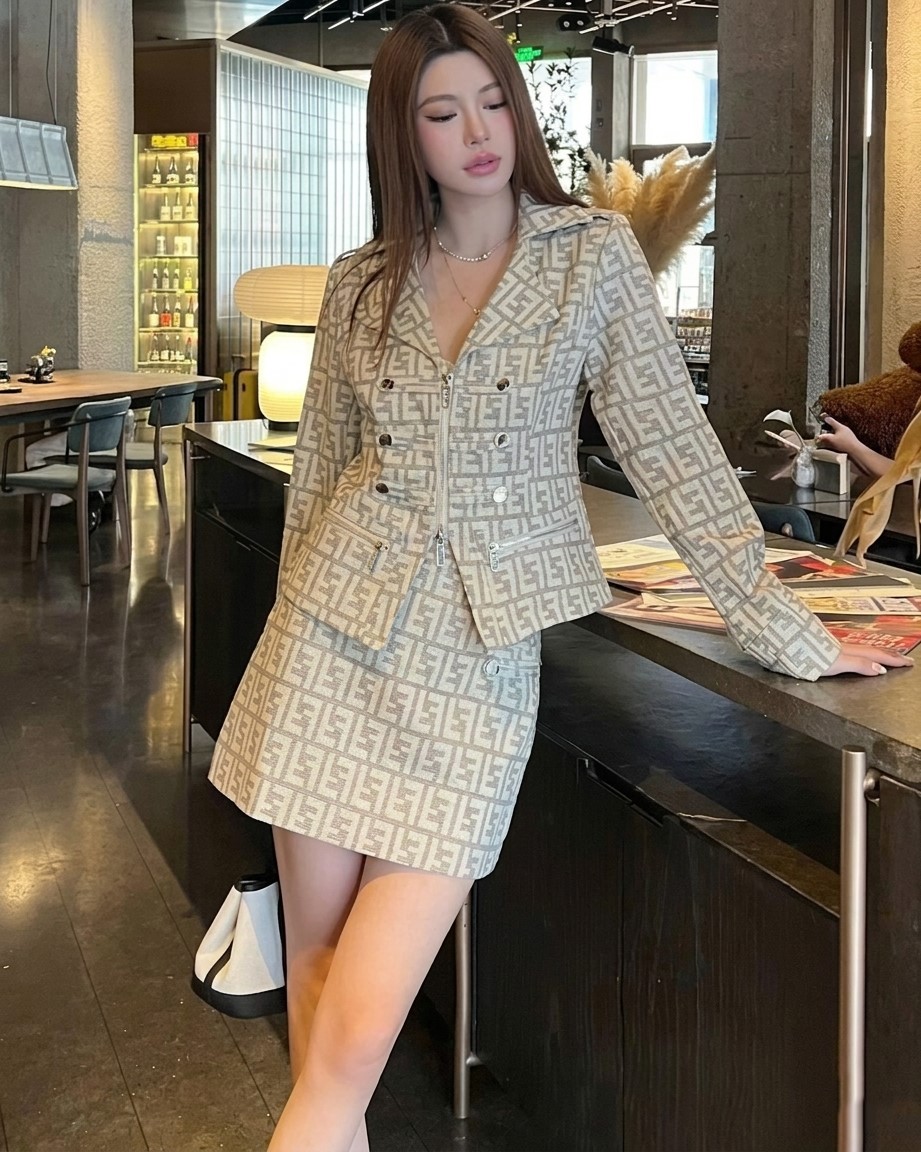 Set áo vest váy ngắn đính nút Fendi 1