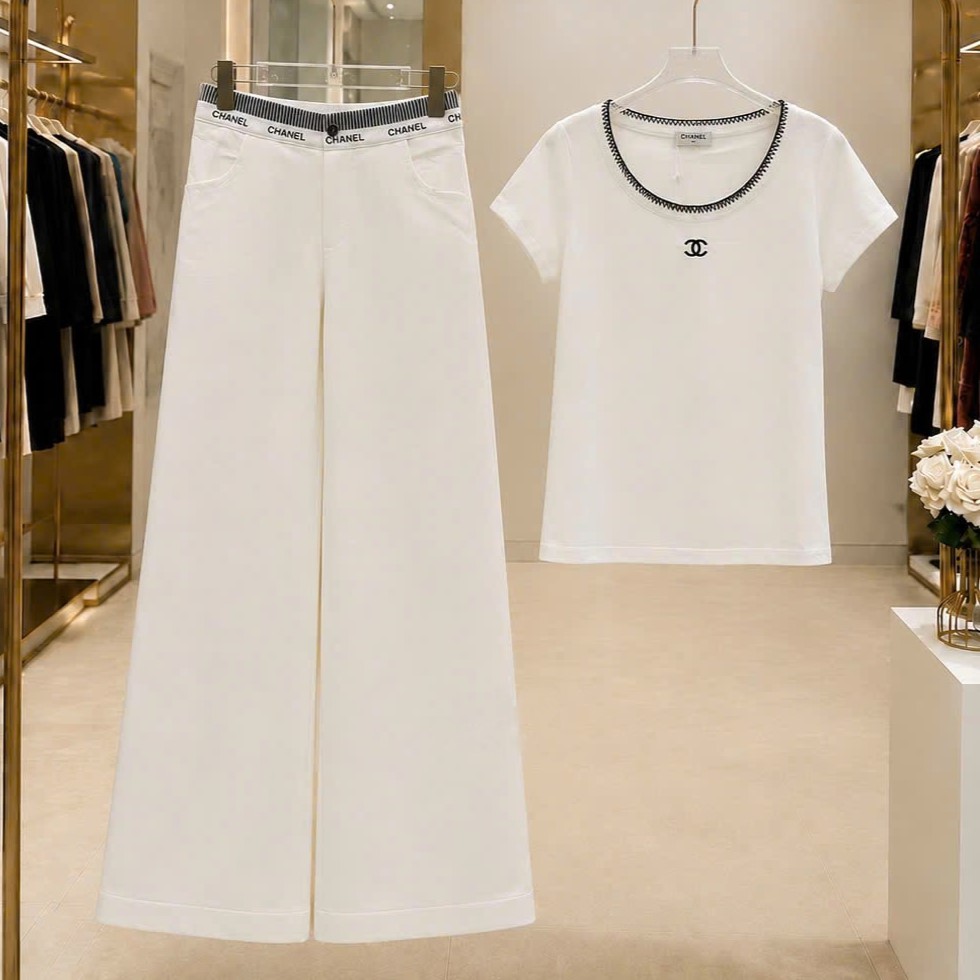 Set áo tay ngắn quần dài suông phối màu trắng đen Chanel 2