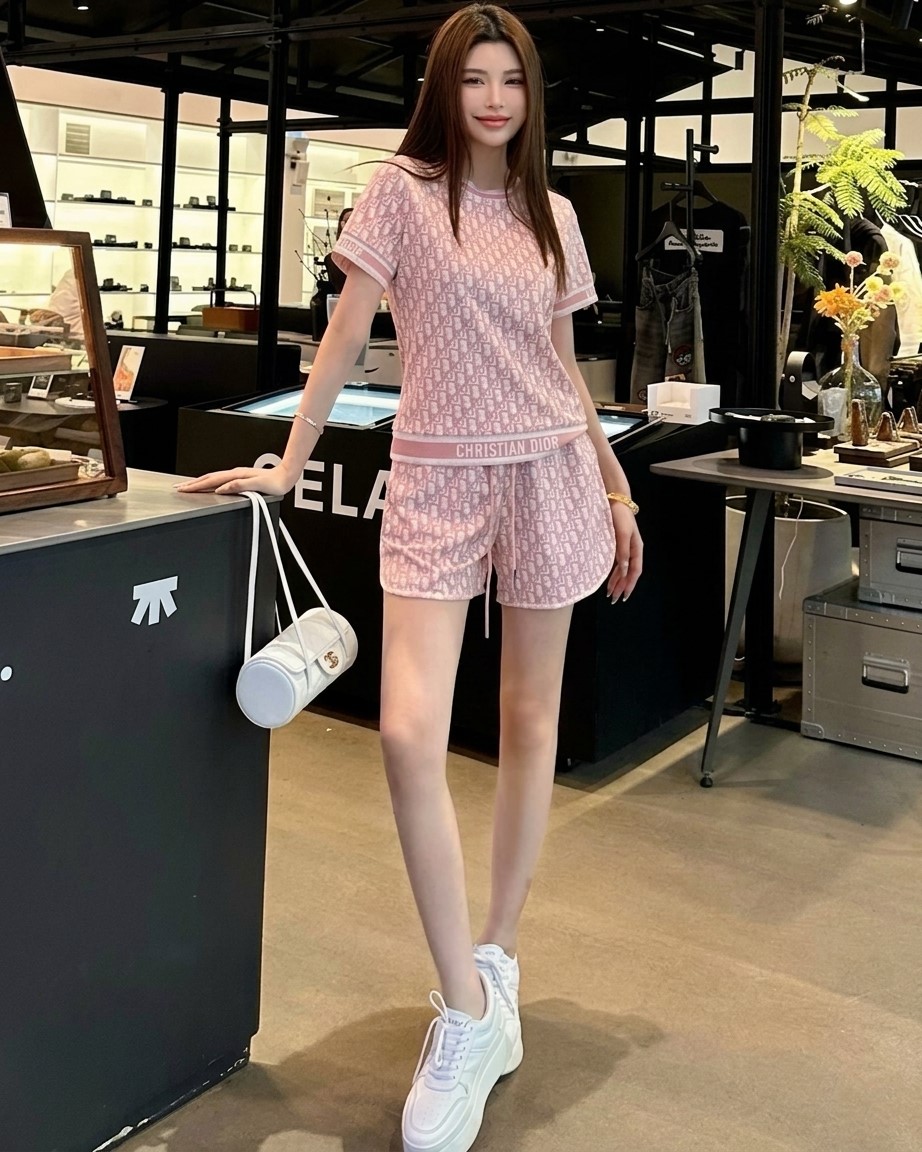 Set áo cổ tròn quần ngắn họa tiết hãng Dior 3