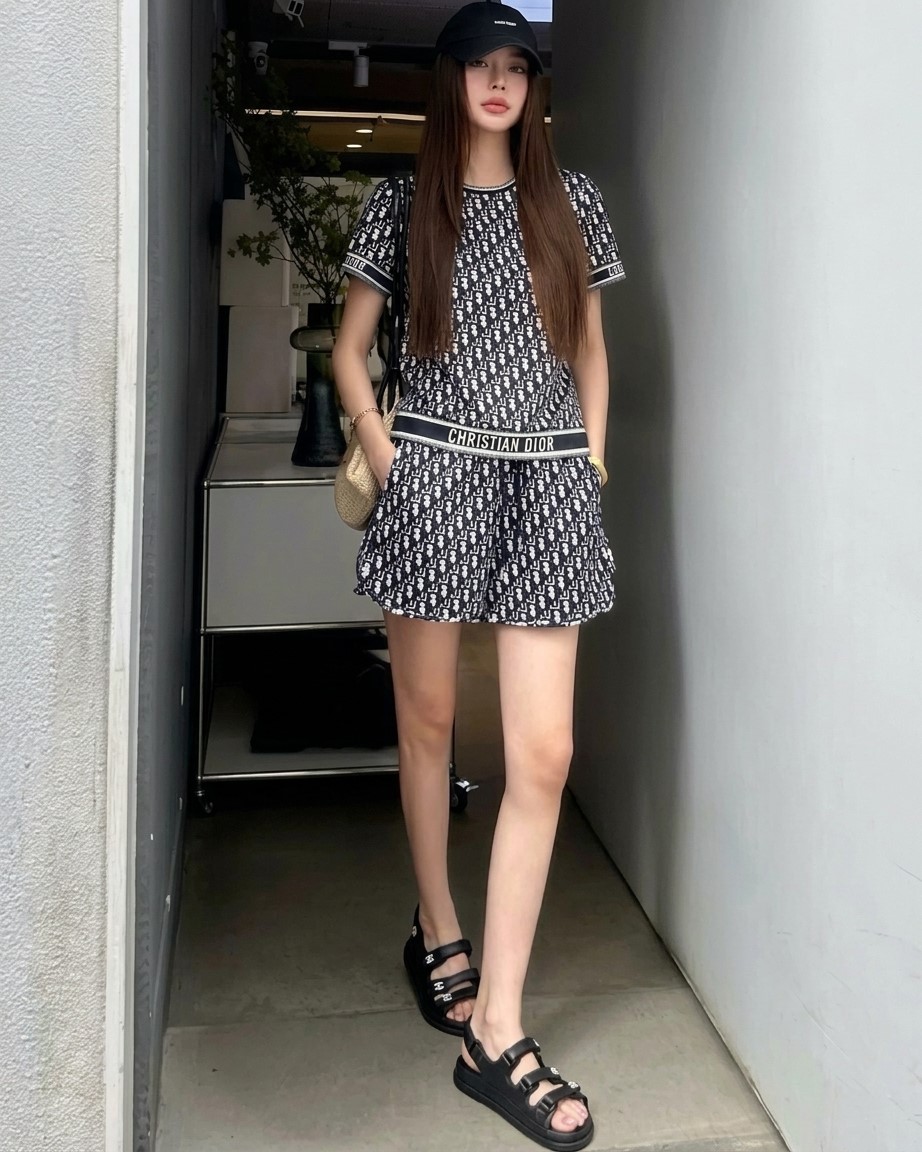 Set áo cổ tròn quần ngắn họa tiết hãng Dior 6