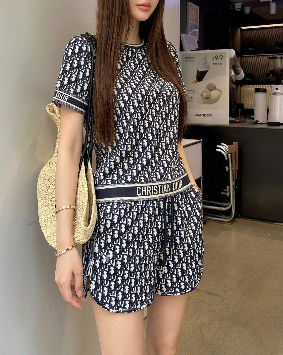 Set áo cổ tròn quần ngắn họa tiết hãng Dior 7