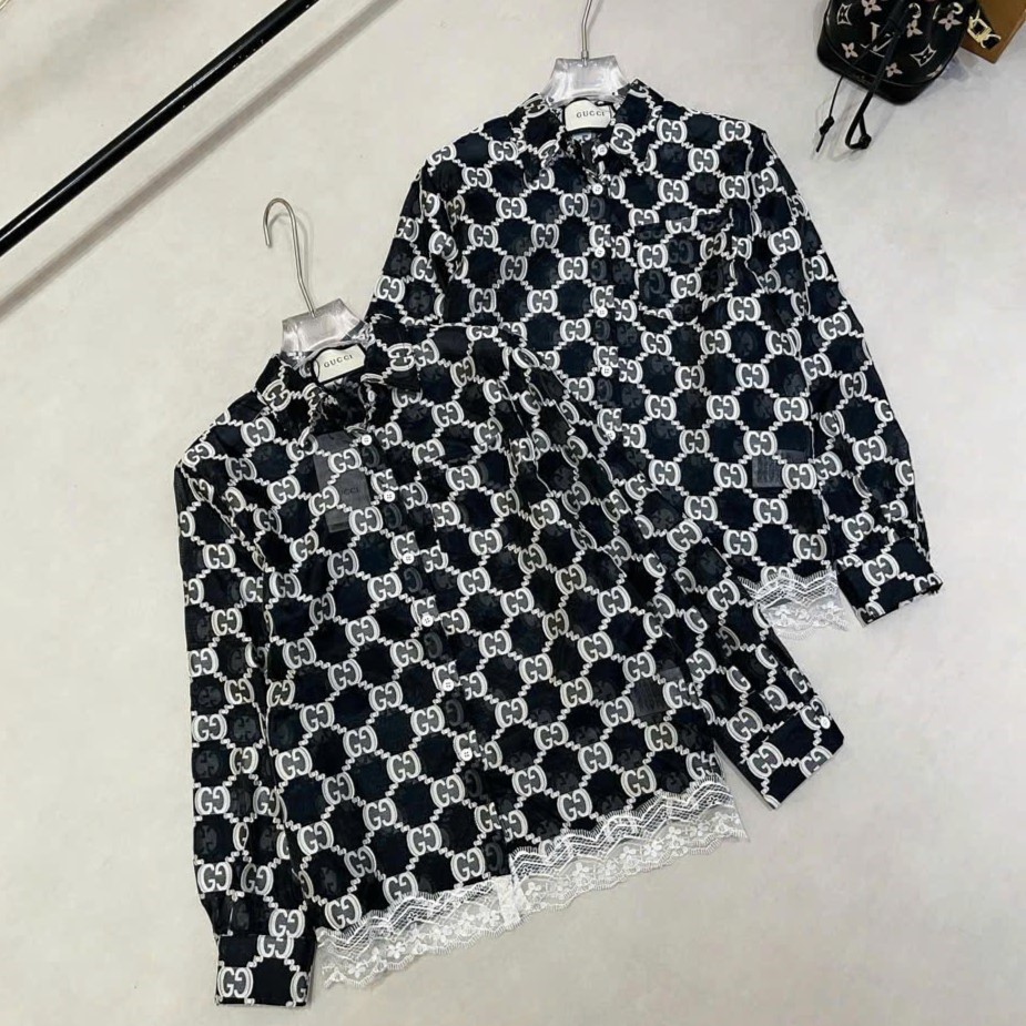 Áo sơ mi nữ tay dài đen phối trắng Gucci 1