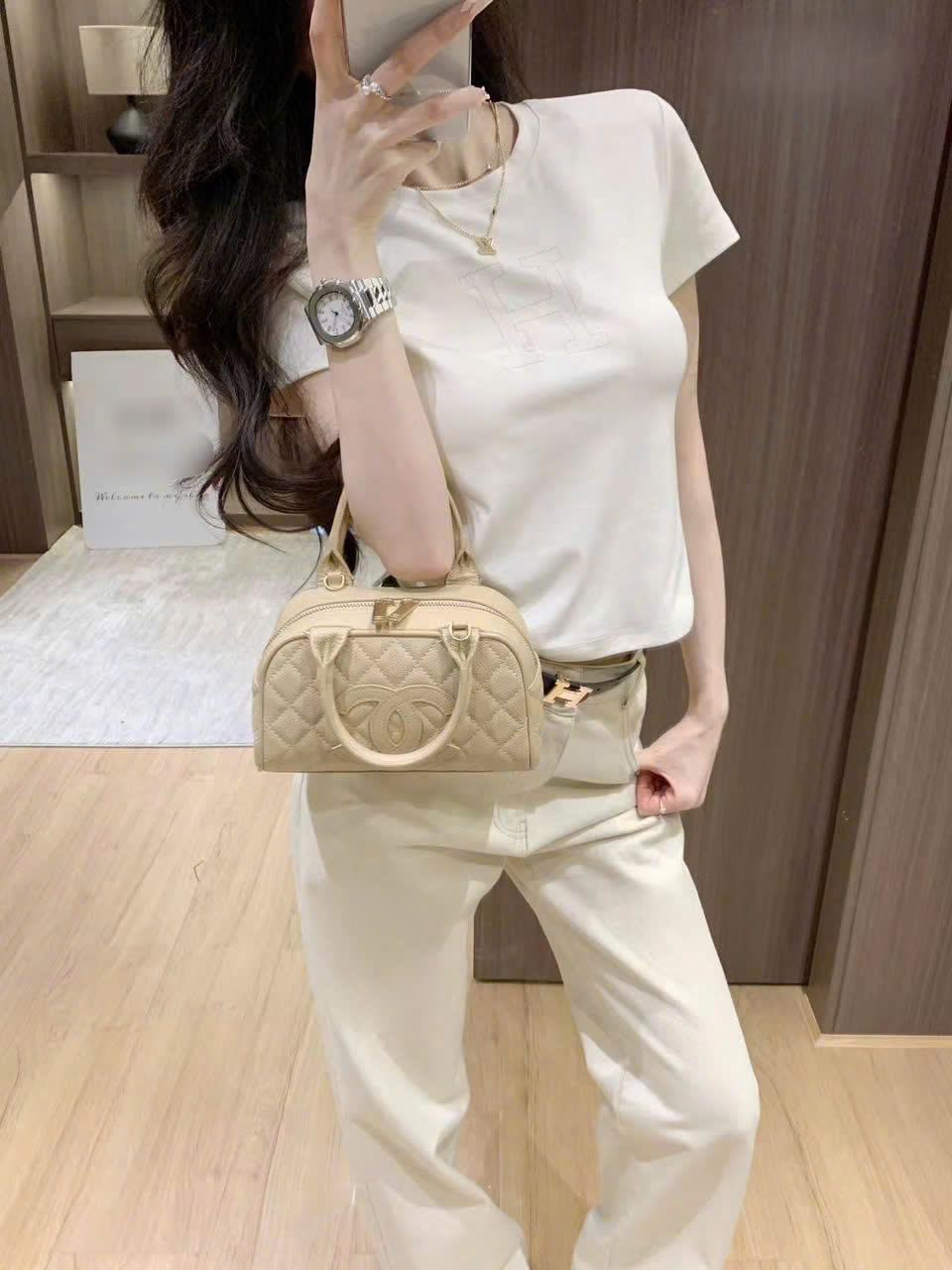 Áo thun nữ tay ngắn cổ tròn trắng Hermes 6