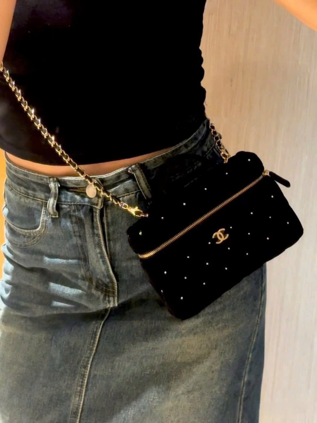 Túi Chanel Vanity with Chain Velvet Diamanté Gold-Tone Metal 8