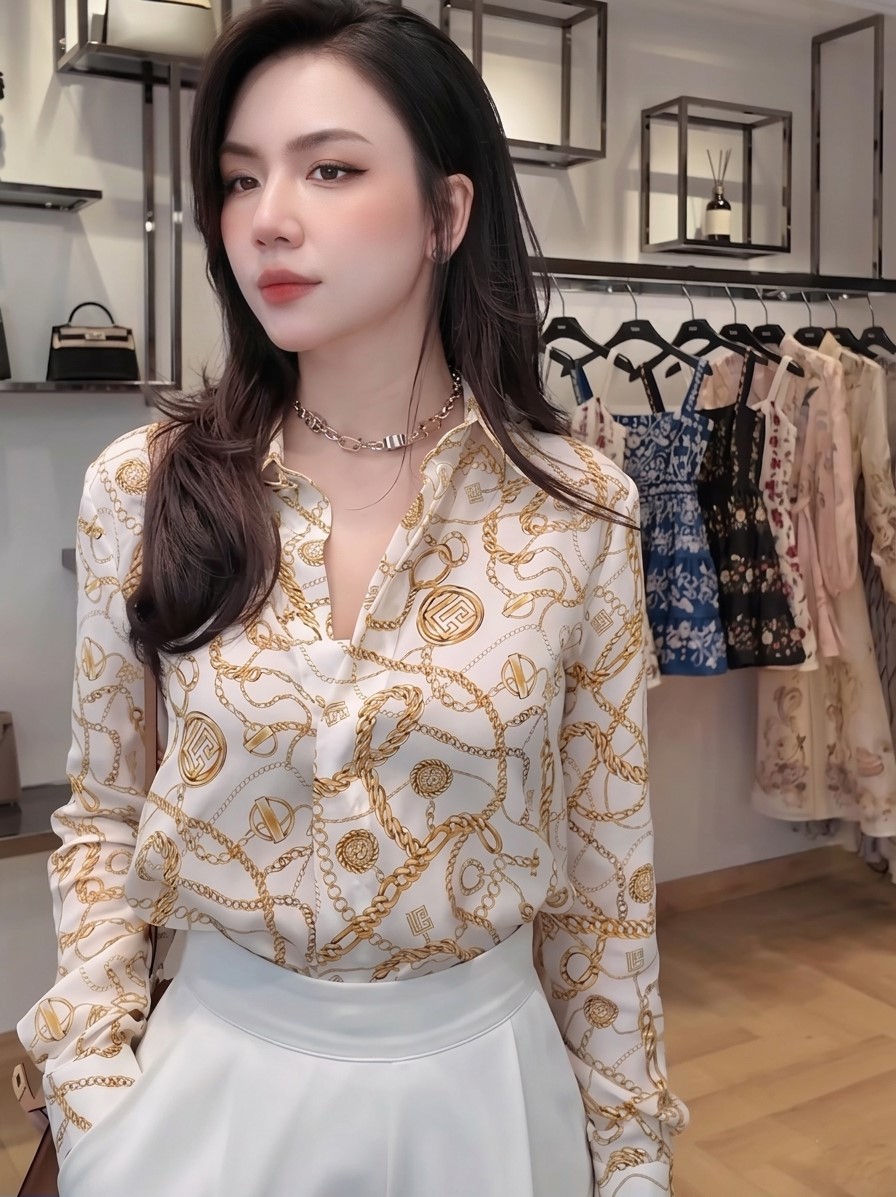 Áo sơ mi lụa tay dài họa tiết Balmain 1