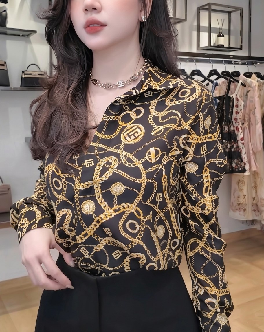 Áo sơ mi lụa tay dài họa tiết Balmain 3