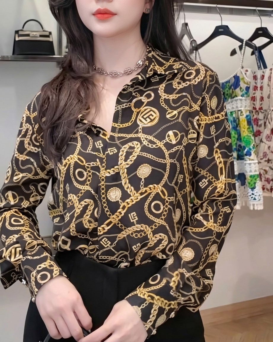 Áo sơ mi lụa tay dài họa tiết Balmain 5