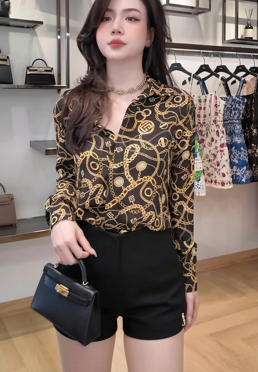 Áo sơ mi lụa tay dài họa tiết Balmain 7