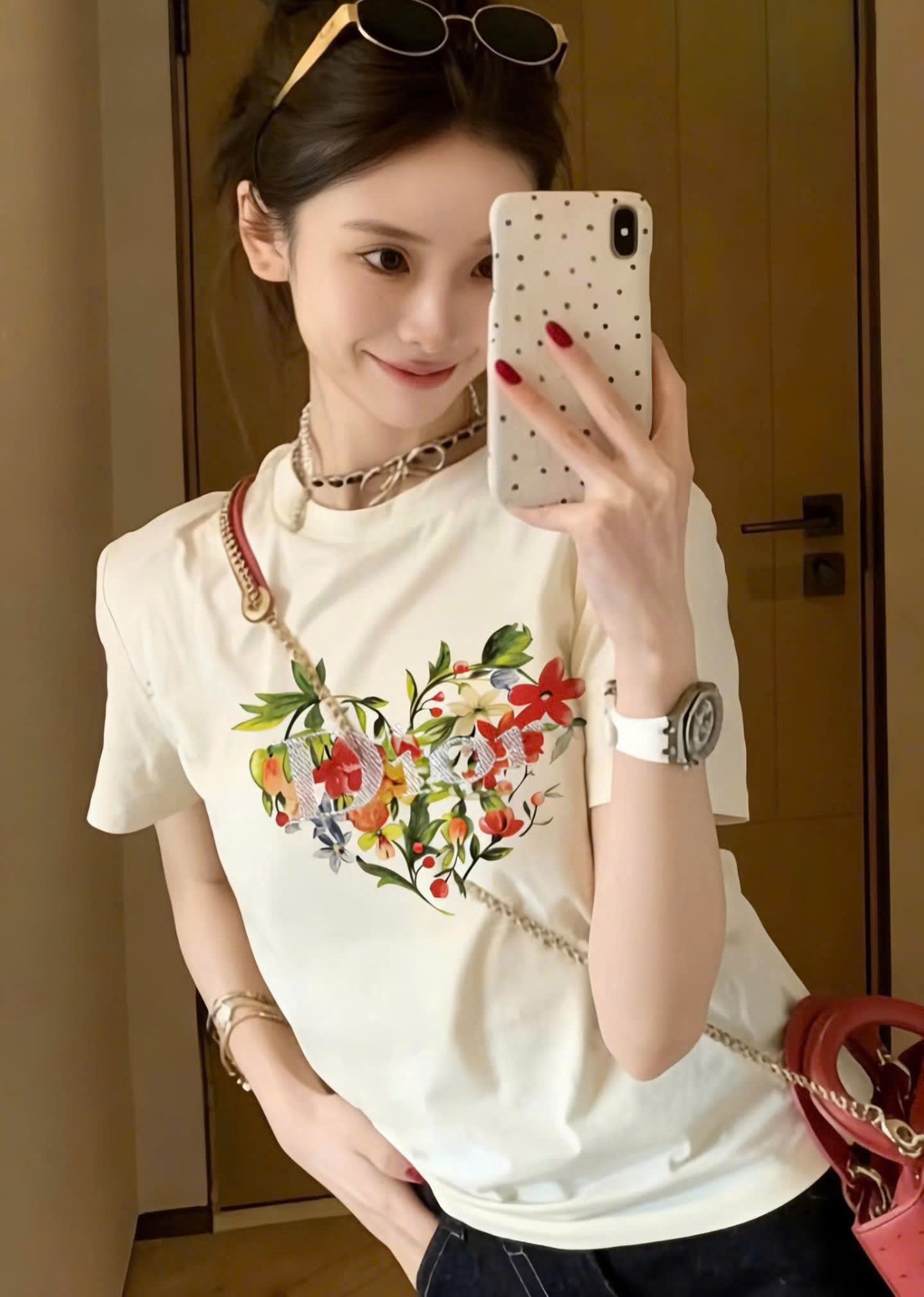 Áo Dior Dioramour Fitted T-Shirt White Cotton Jersey with Multicolor Floral Heart Motif 2
