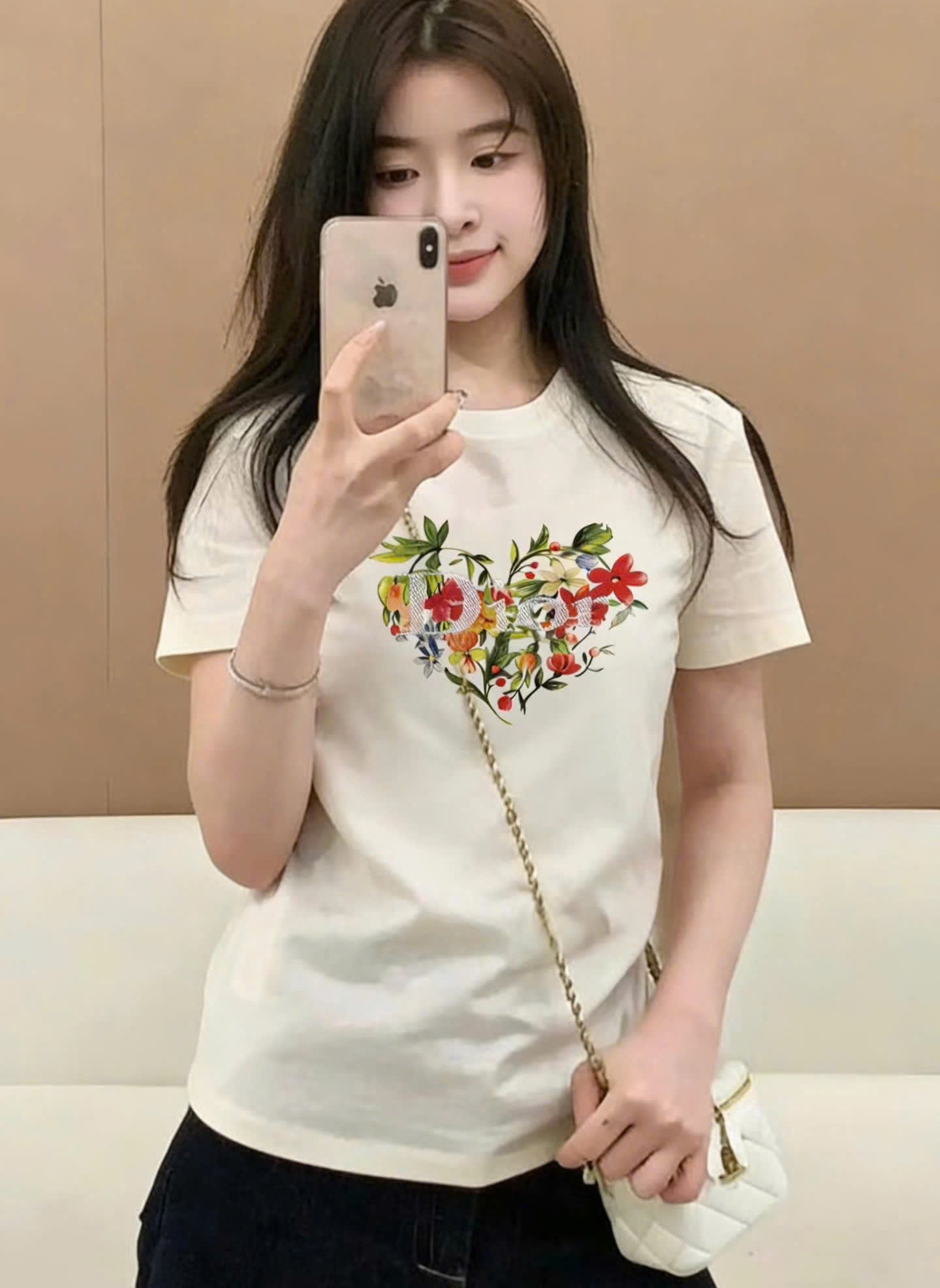 Áo Dior Dioramour Fitted T-Shirt White Cotton Jersey with Multicolor Floral Heart Motif 5