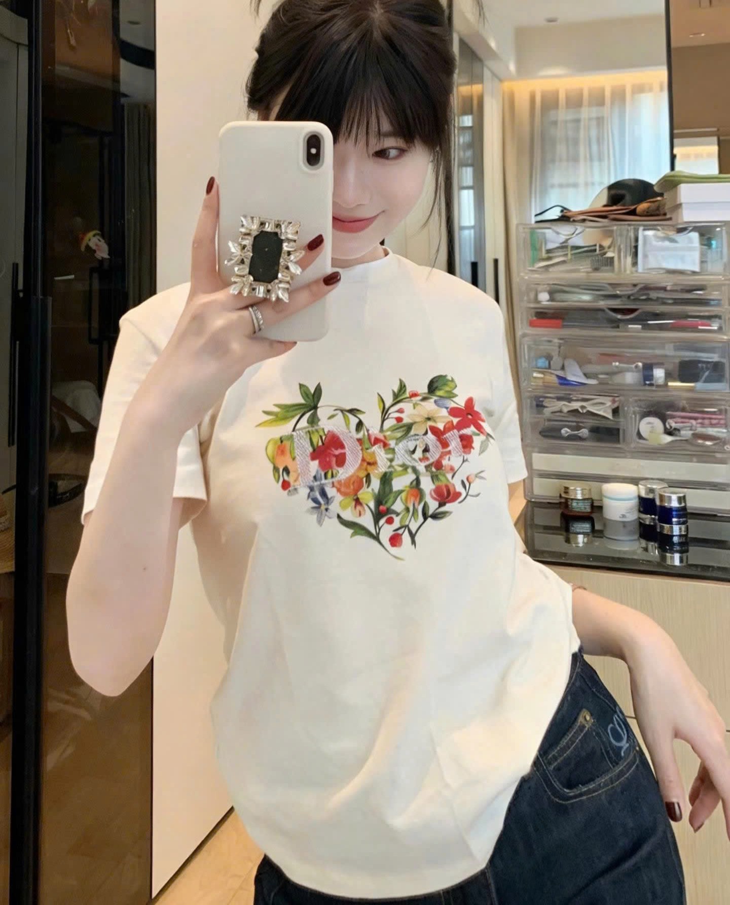 Áo Dior Dioramour Fitted T-Shirt White Cotton Jersey with Multicolor Floral Heart Motif 8