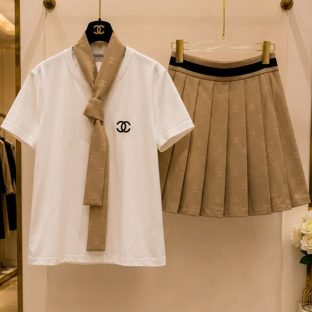 Set áo thun trắng tay ngắn cỗ polo chân váy xếp ly mảu kem Chanel 4