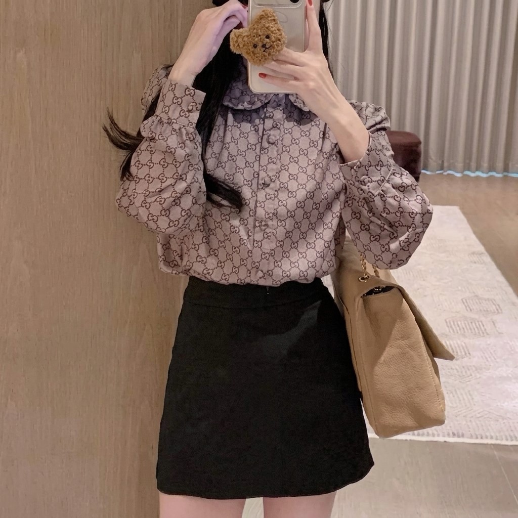 Set áo sơ mi nâu tím chân váy ngắn đen Gucci 5