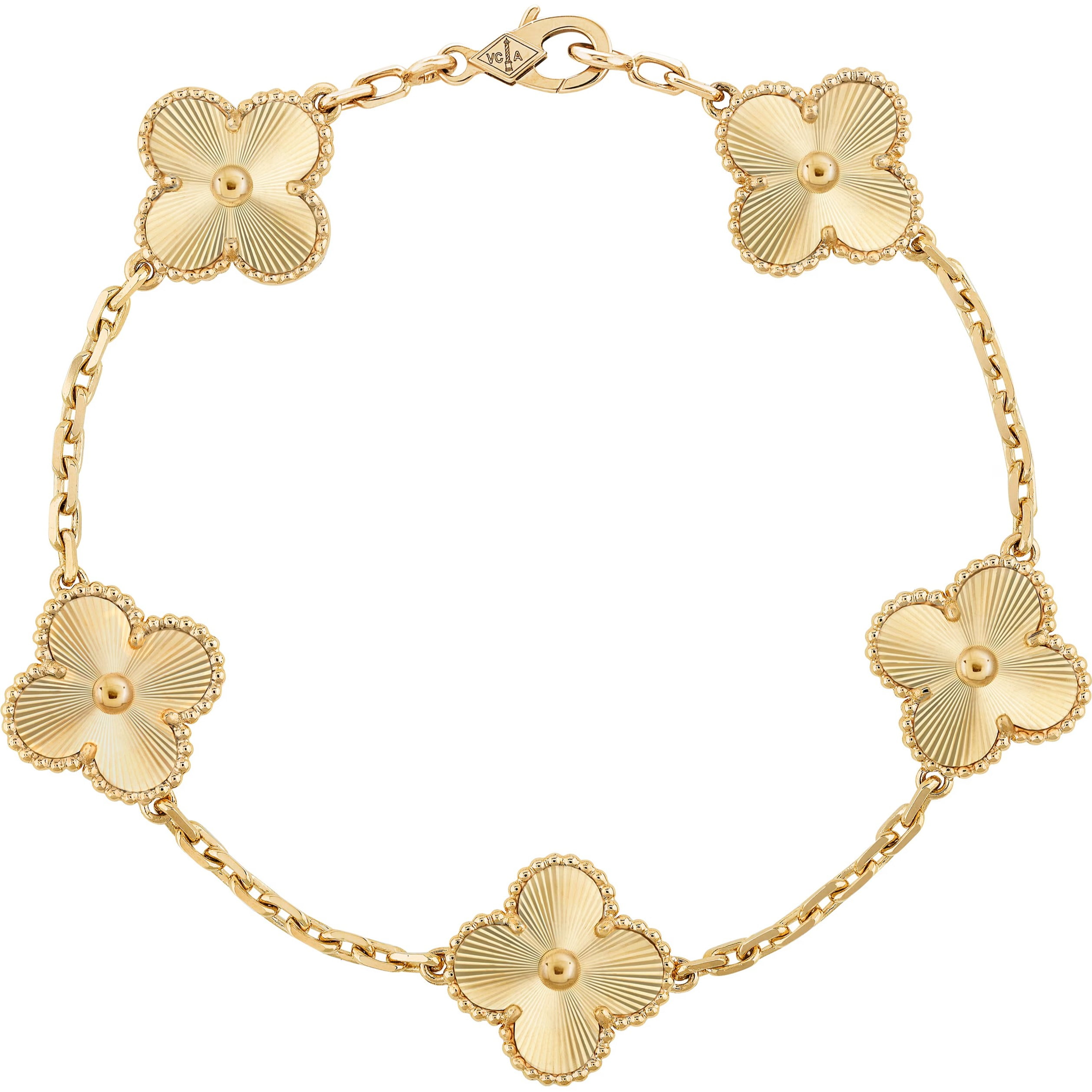 Vòng đeo tay cỏ 4 lá Van Cleef Arpels Vintage Alhambra 5 Motifs Bracelet Guilloché Yellow Gold VCARP3JK00 4