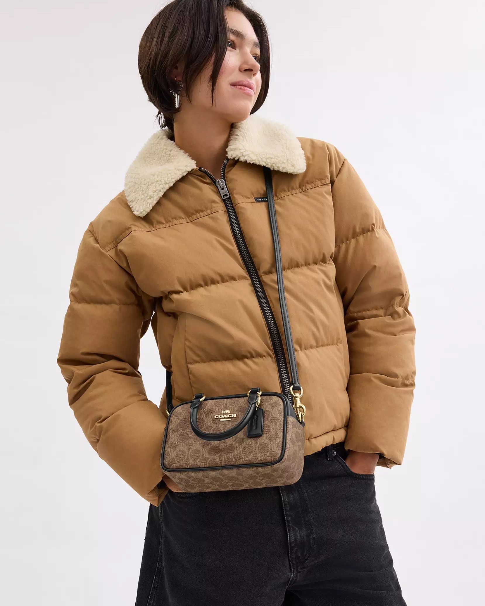 Túi Coach Satchel Crossbody Bag in Signature Canvas Tan Black CW197 3