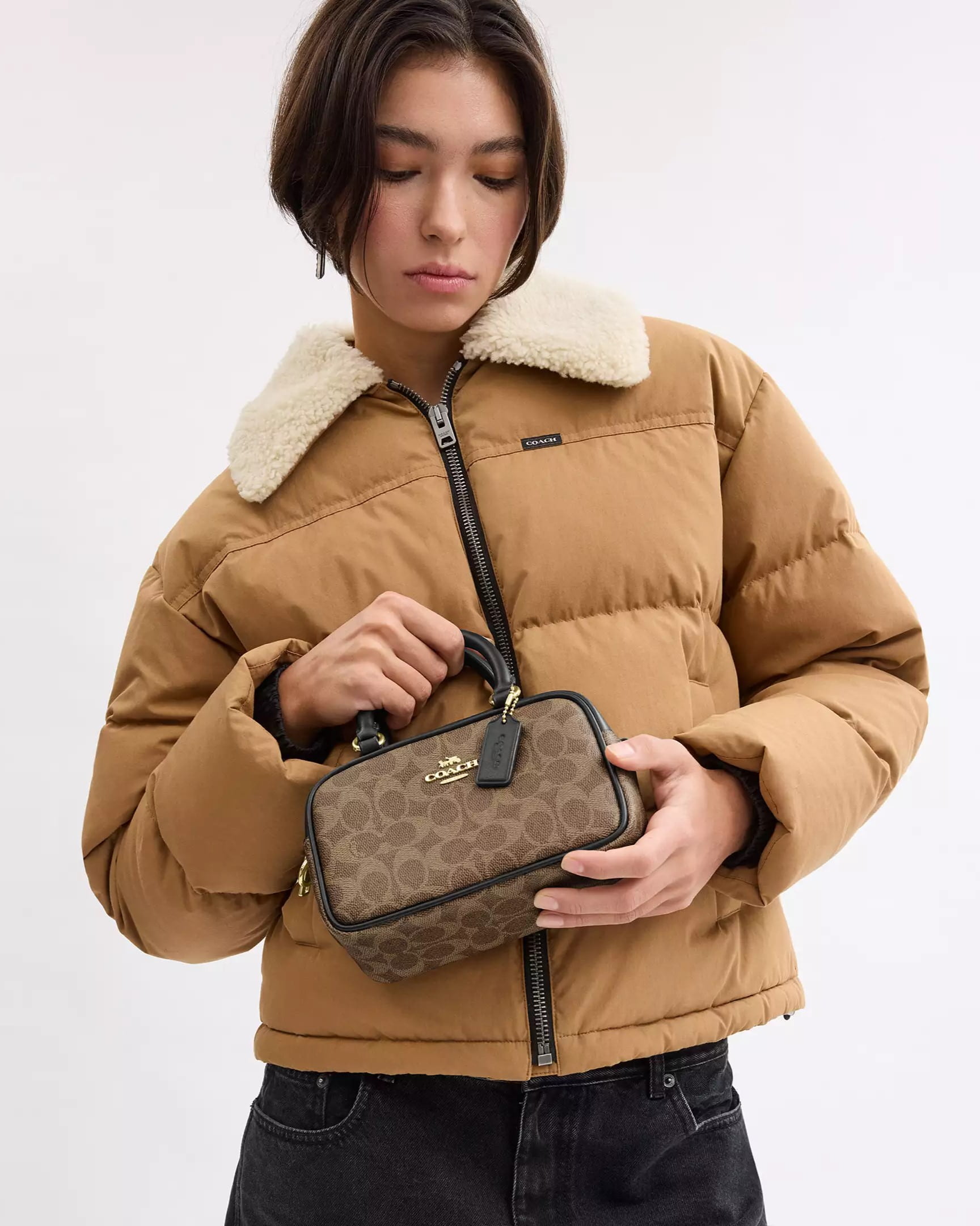 Túi Coach Satchel Crossbody Bag in Signature Canvas Tan Black CW197 7