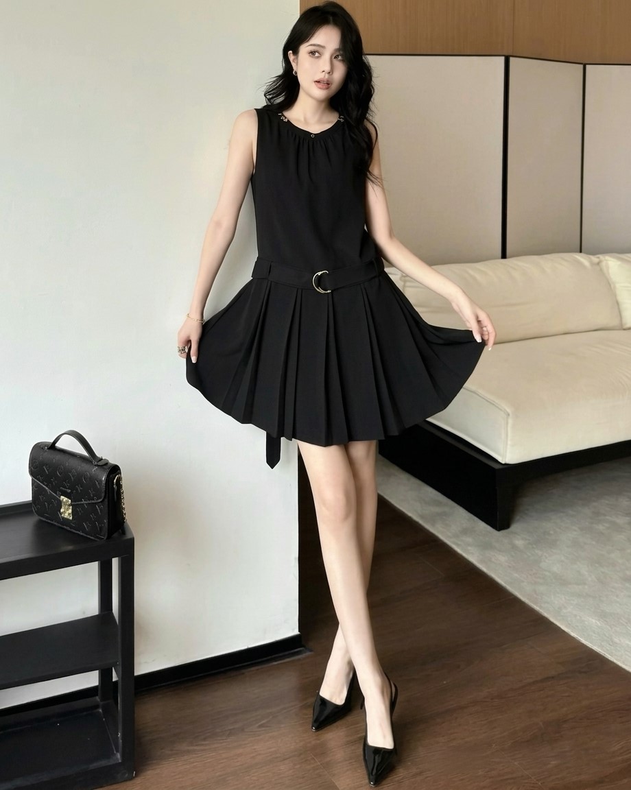 Đầm đen kèm thắt lưng vải cùng màu LV 4