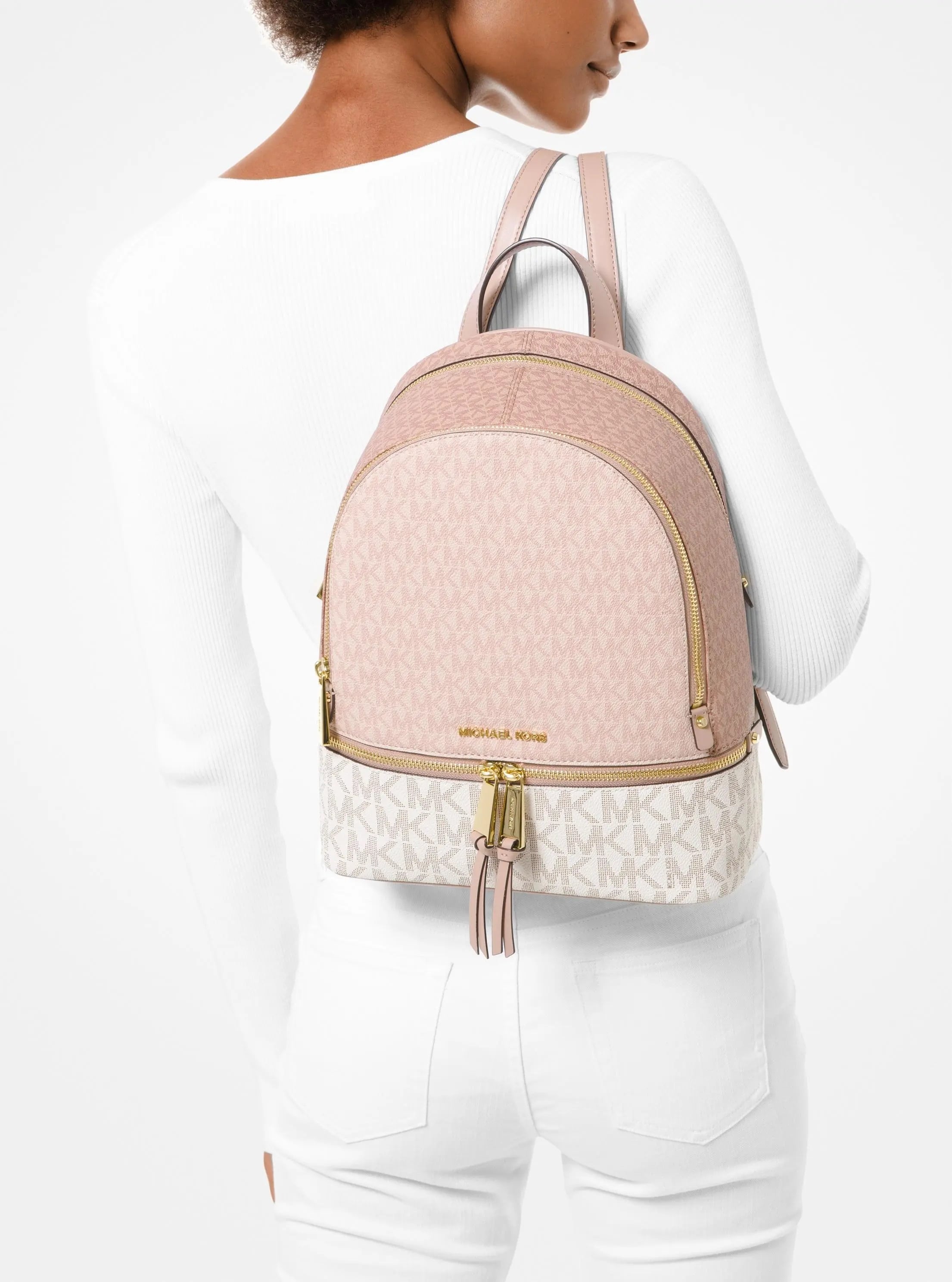 Balo Michael Kors Rhea Zip Medium Monogram Backpack Ballet Pink Mix 1
