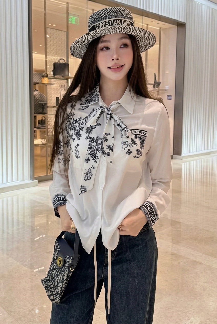 Áo sơ mi nữ trắng họa tiết hãng cột nơ Dior 8