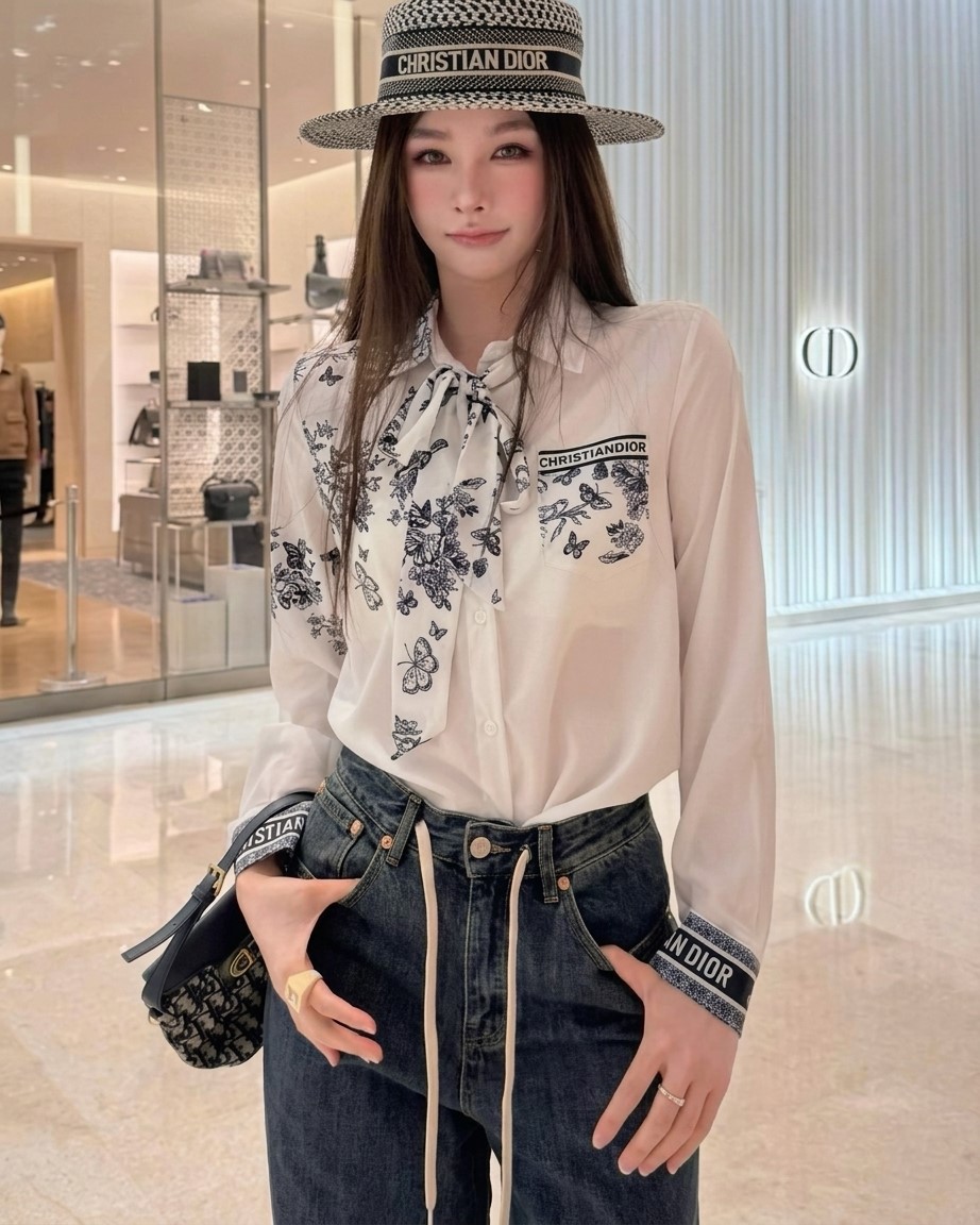 Áo sơ mi nữ trắng họa tiết hãng cột nơ Dior 9
