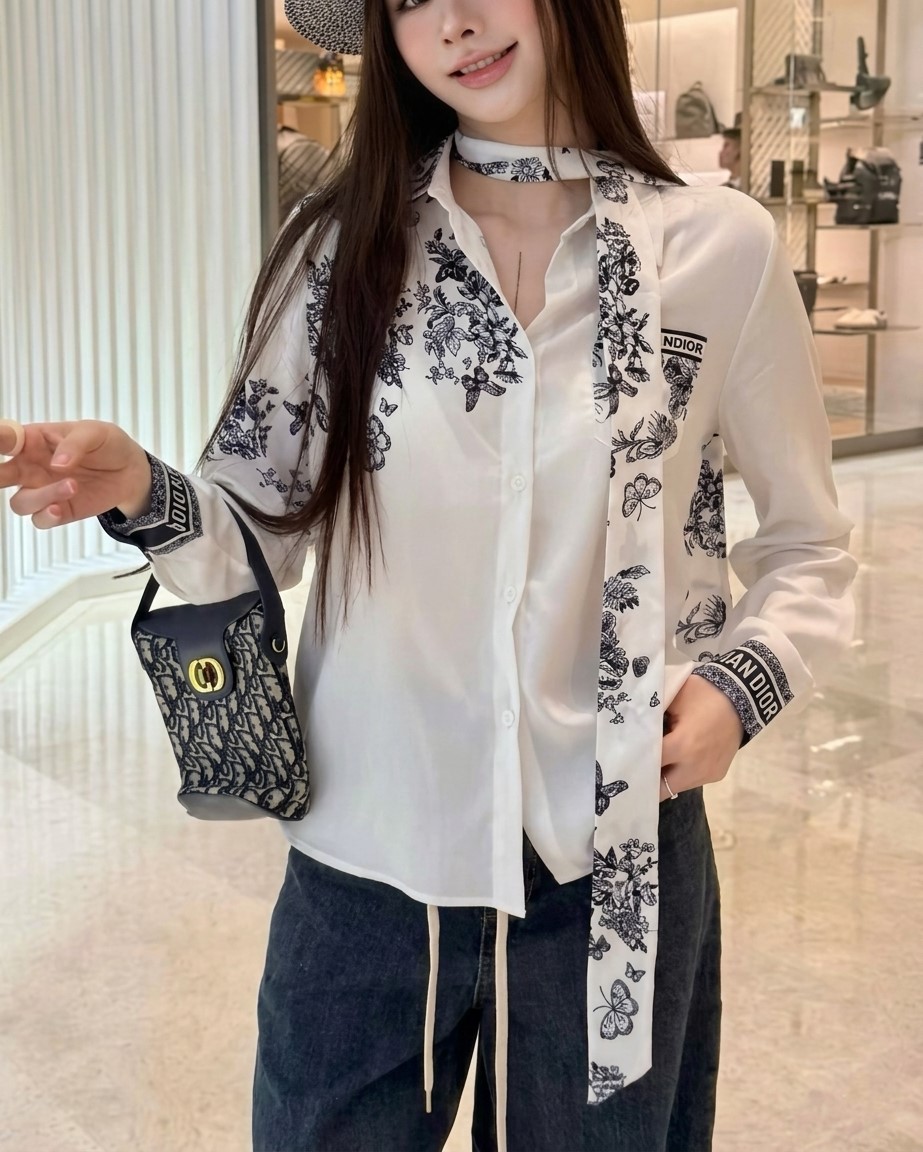 Áo sơ mi nữ trắng họa tiết hãng cột nơ Dior 13