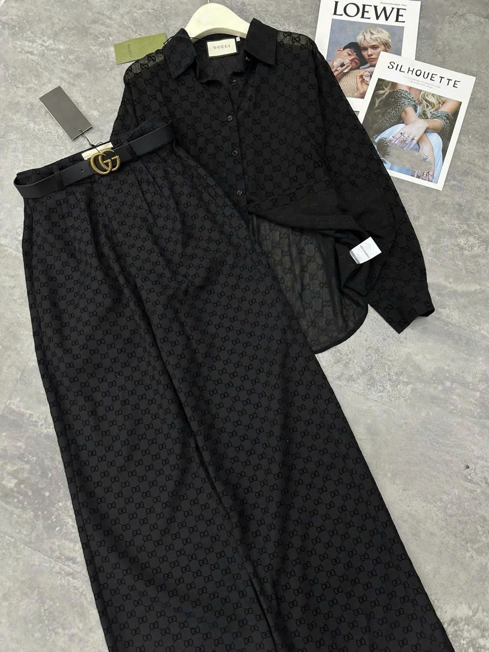 Set áo sơ mi quần suông rộng đen nữ Gucci 3