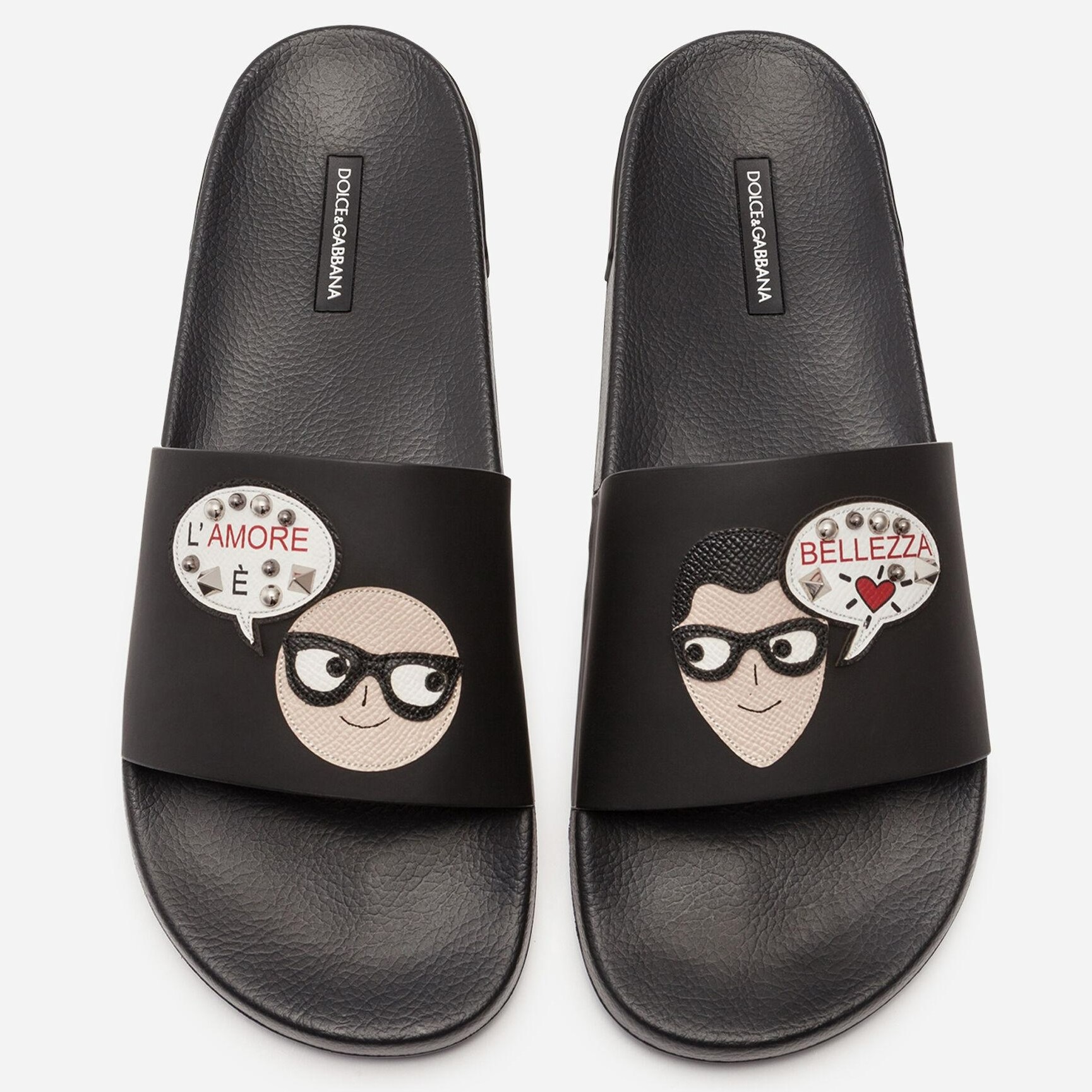 DÉP NAM RUBBER AND CALFSKIN SLIDERS WITH PATCHES OF THE DESIGNERS BLACK – DOLCE & GABBANA MEN 1