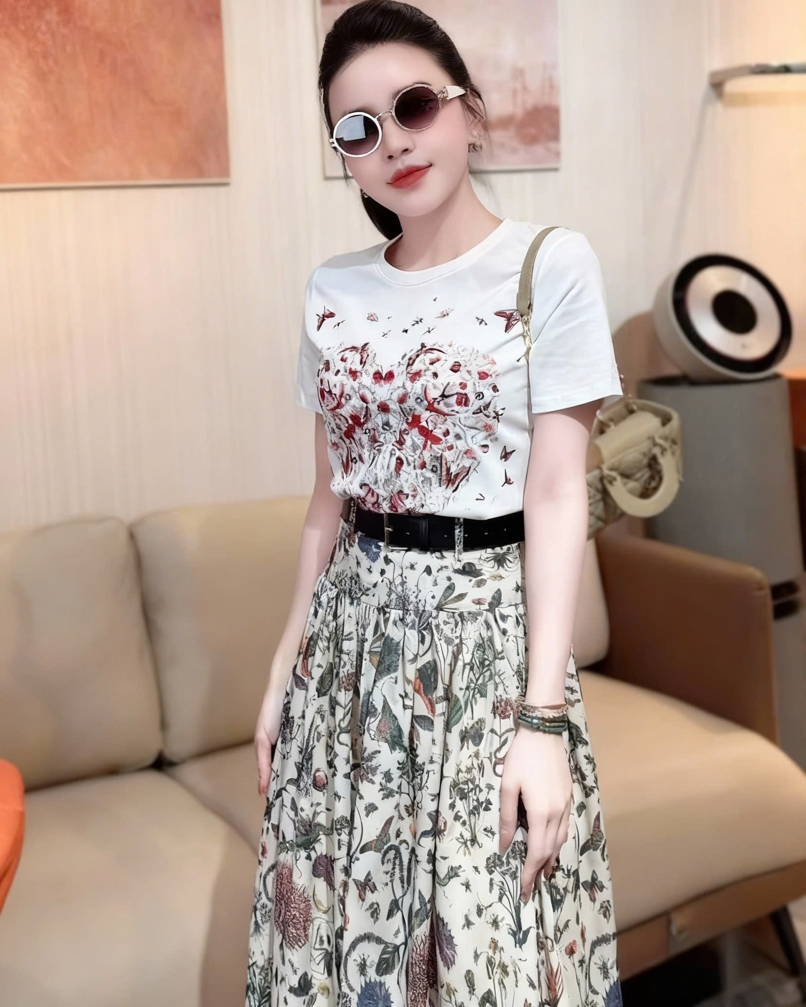 Chân váy dài hoa Dior kèm thắt lưng 1