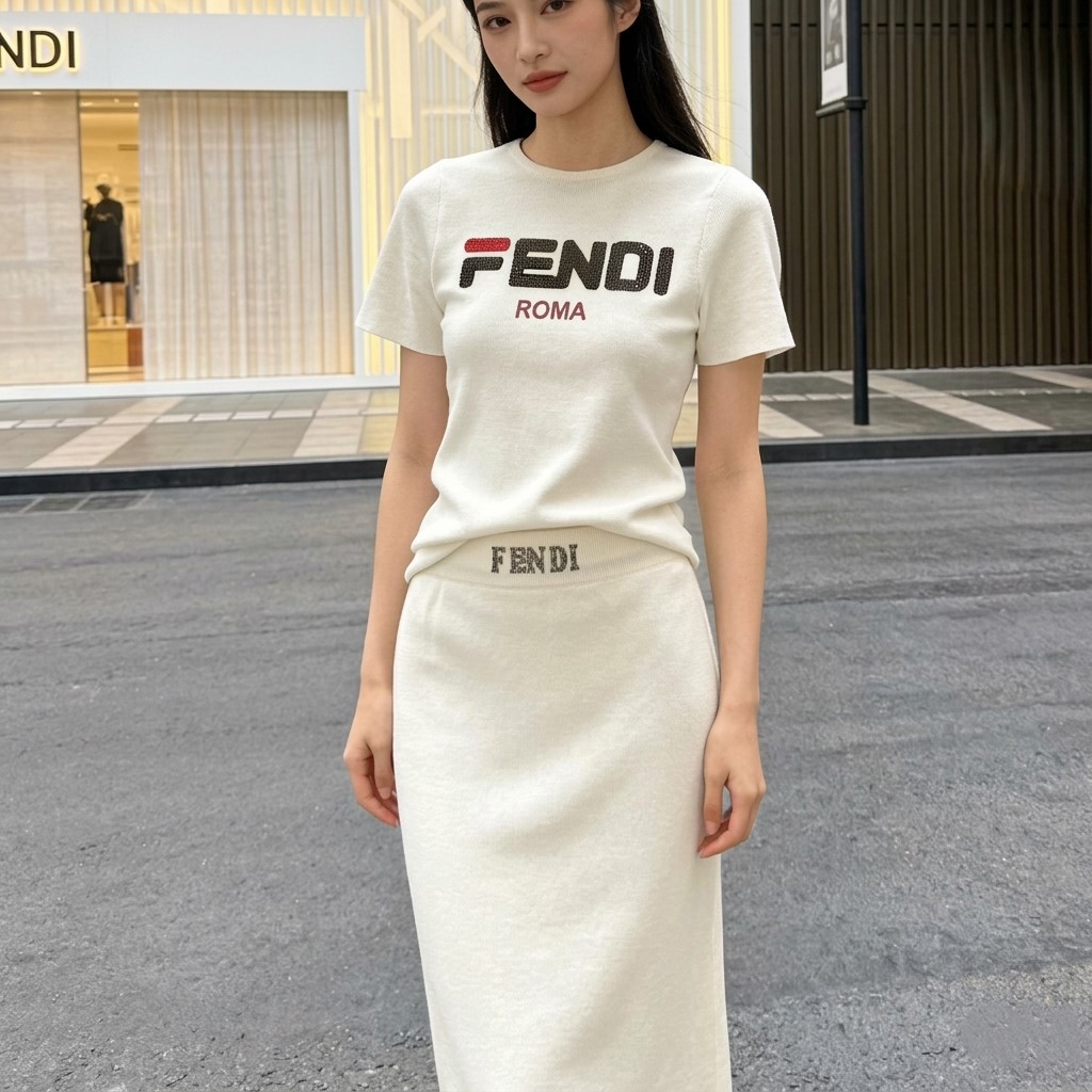 Set áo thun váy dáng ôm dài trắng đen Fendi 1