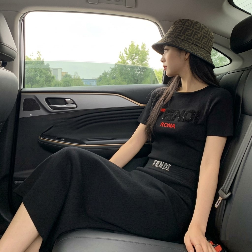 Set áo thun váy dáng ôm dài trắng đen Fendi 2
