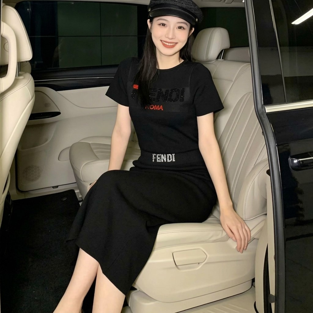 Set áo thun váy dáng ôm dài trắng đen Fendi 3