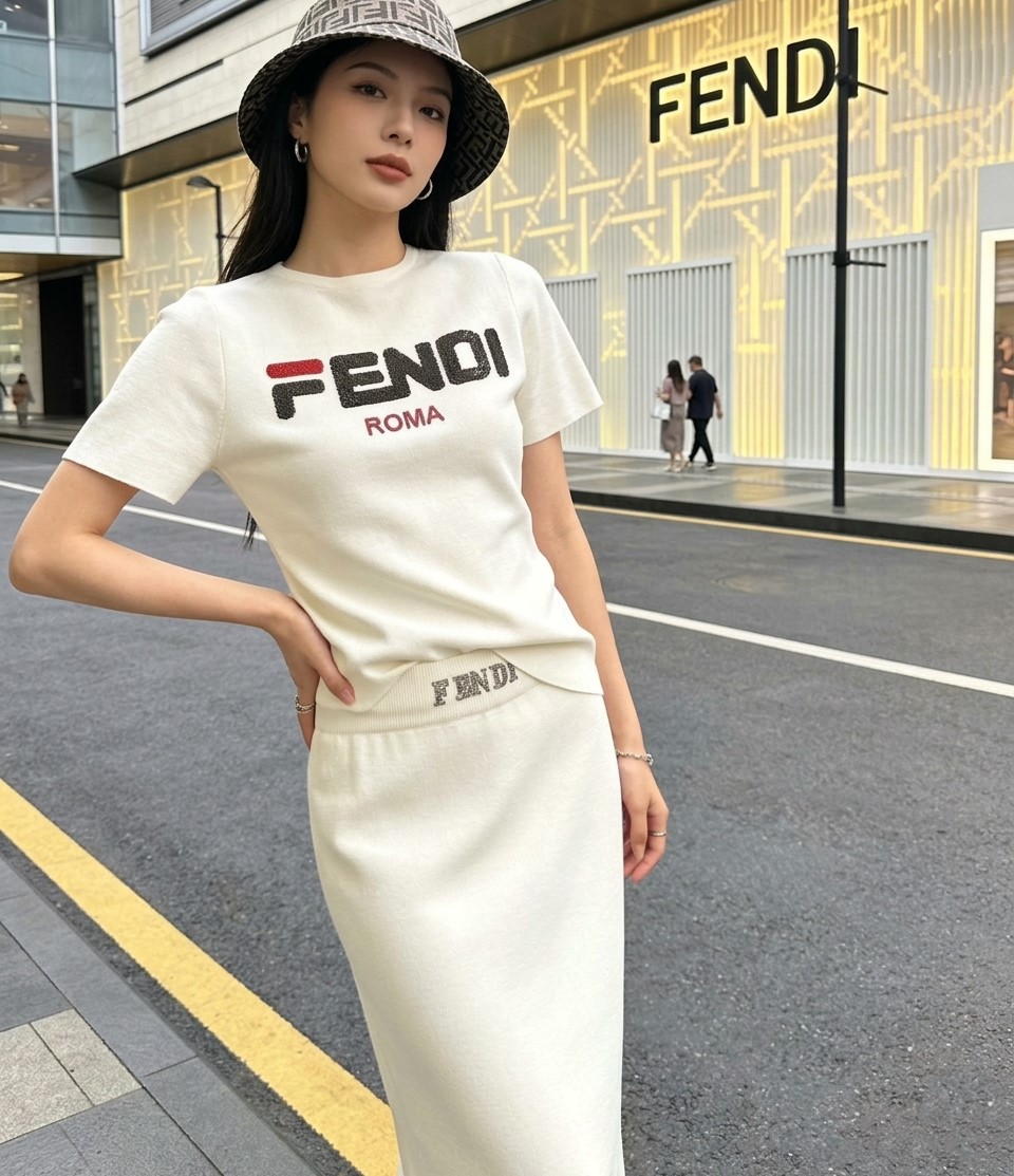 Set áo thun váy dáng ôm dài trắng đen Fendi 6
