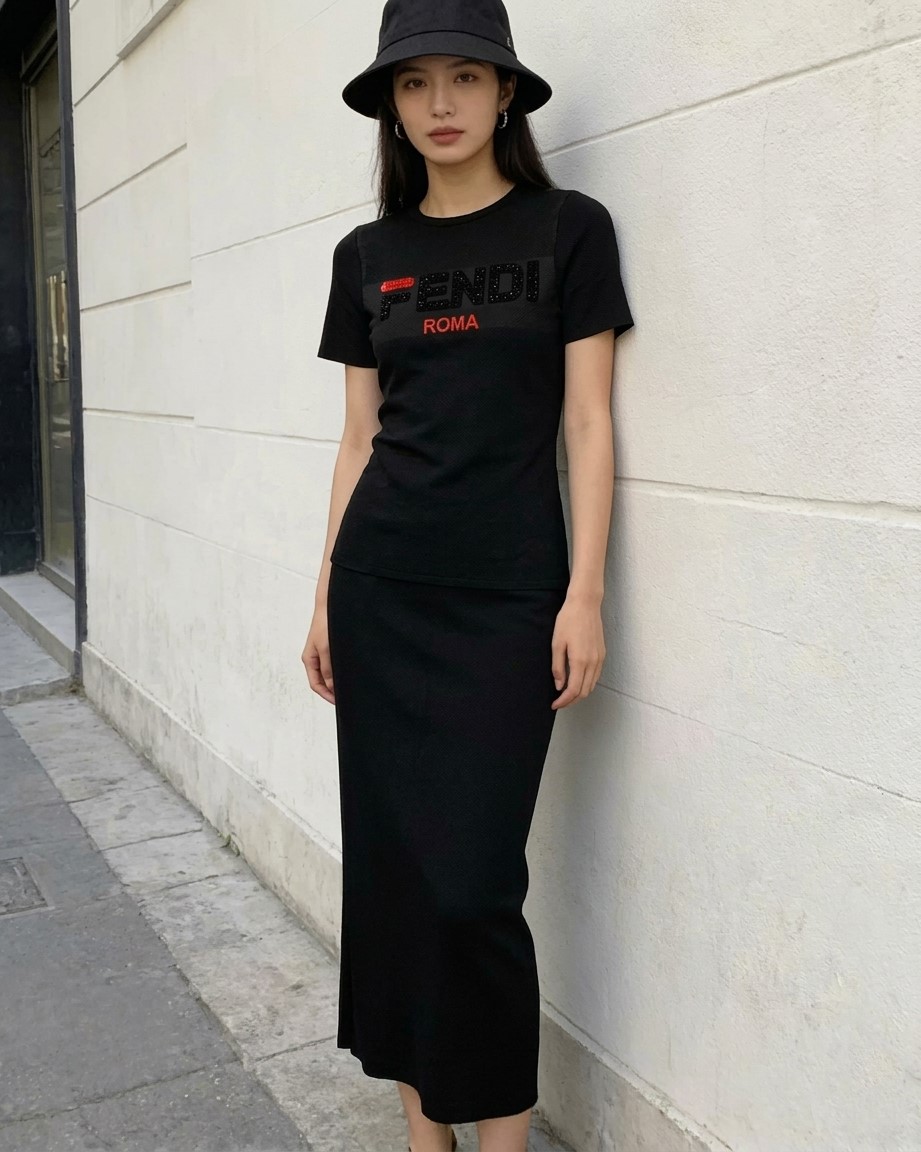 Set áo thun váy dáng ôm dài trắng đen Fendi 8