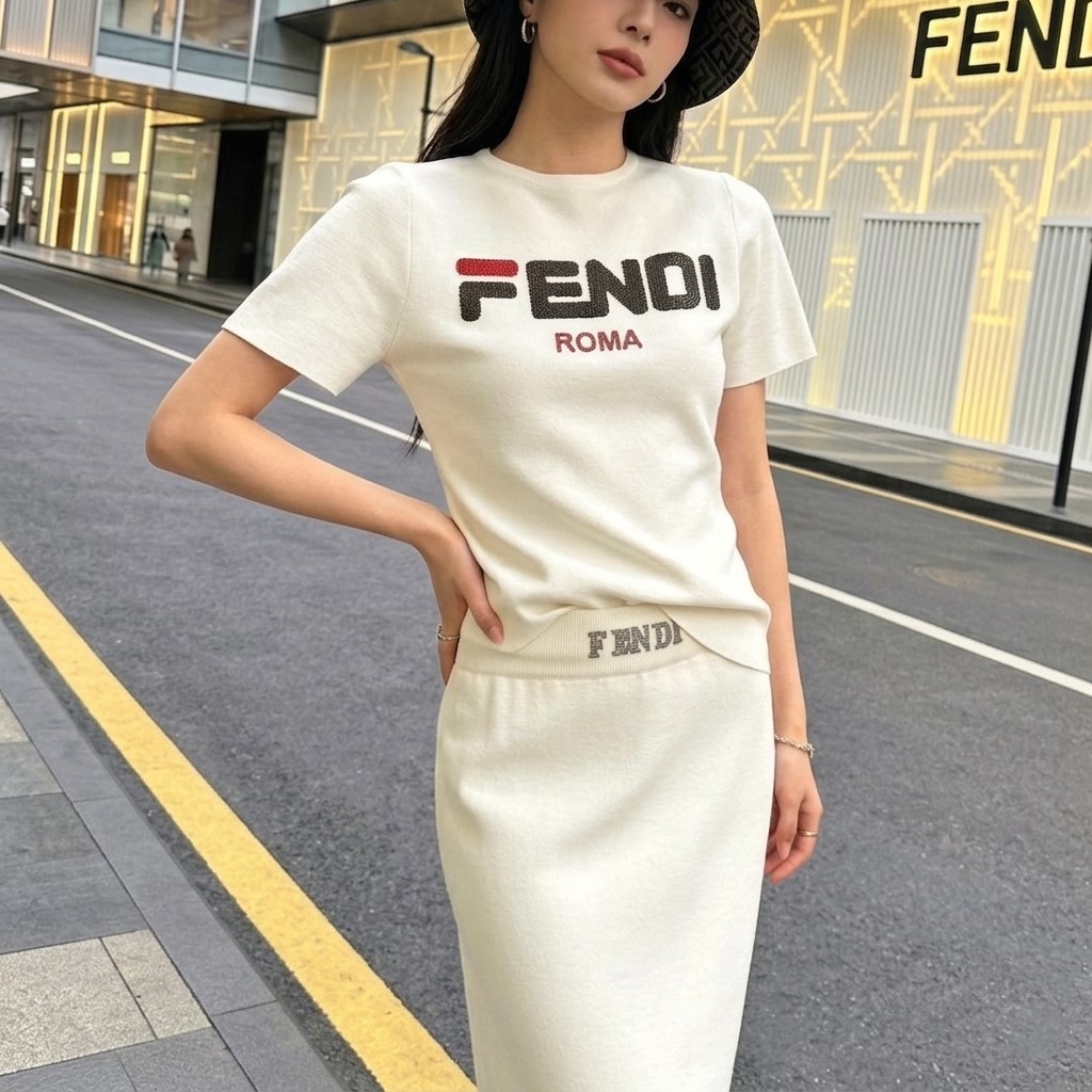 Set áo thun váy dáng ôm dài trắng đen Fendi 9