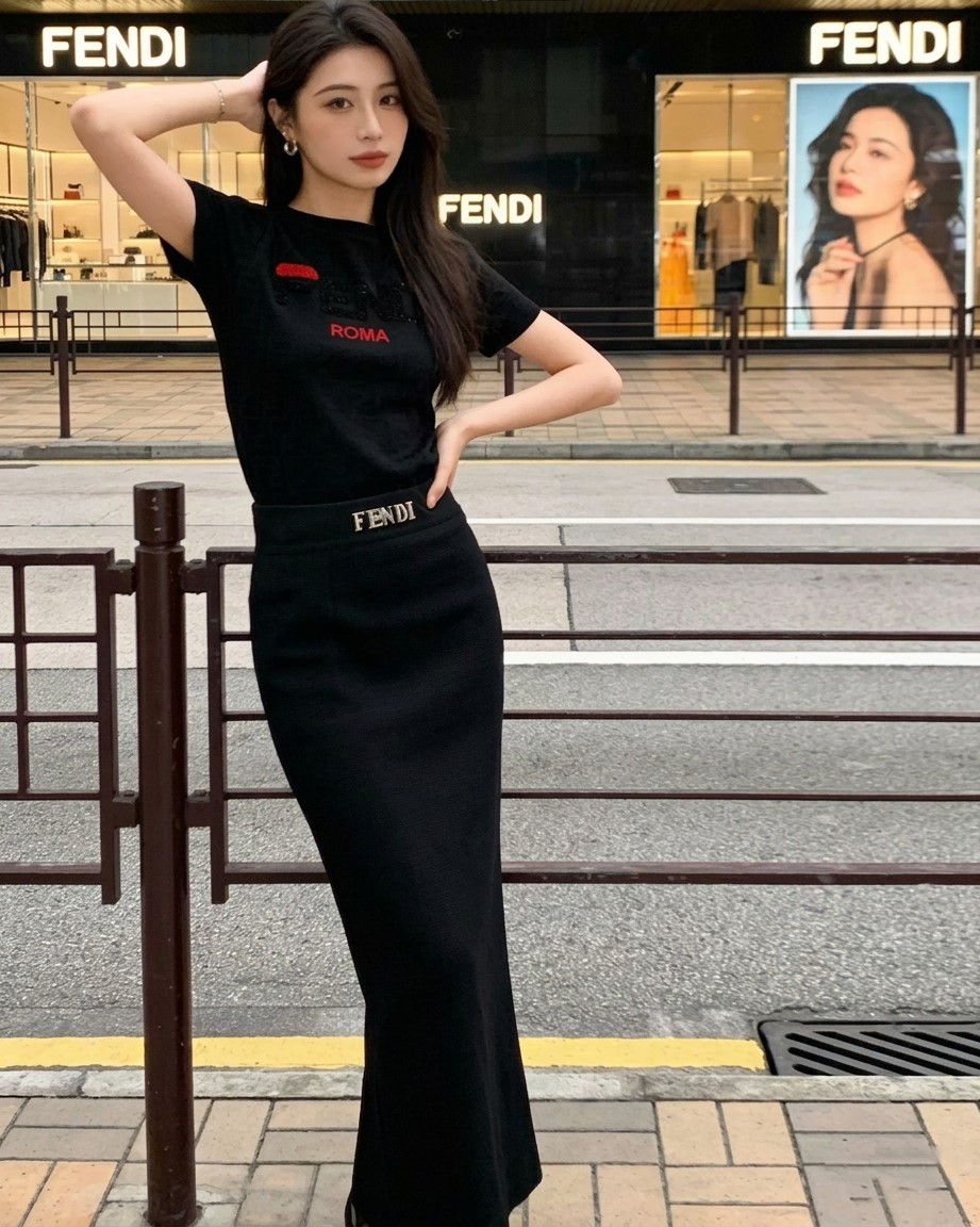 Set áo thun váy dáng ôm dài trắng đen Fendi 7