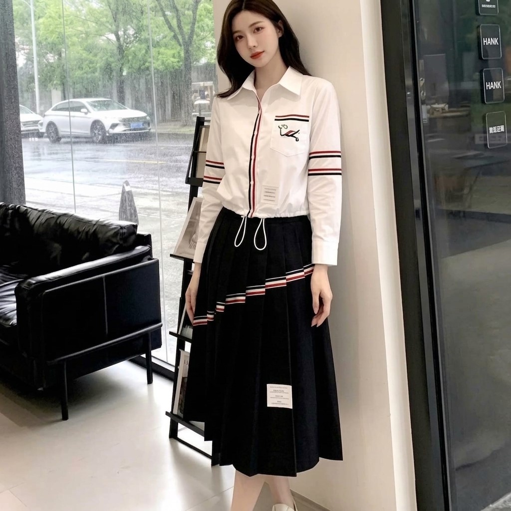 Set áo sơ mi trắng dây rút váy dàu đen Thom Browne 1