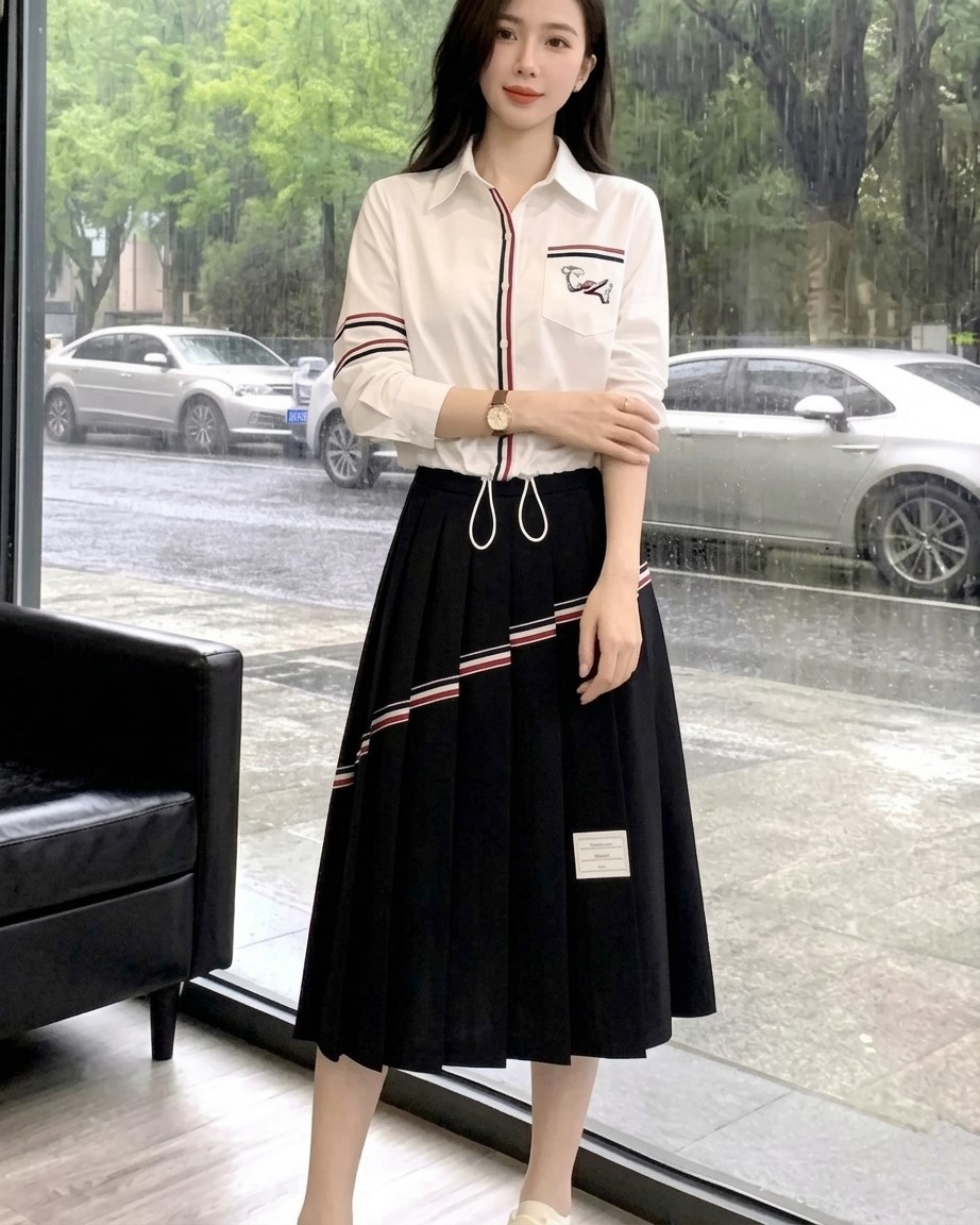Set áo sơ mi trắng dây rút váy dàu đen Thom Browne 2