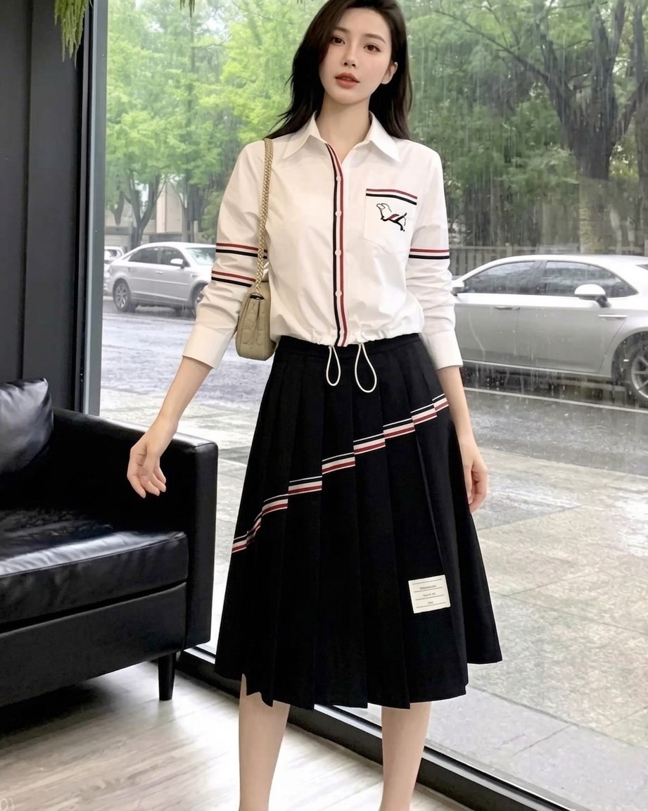 Set áo sơ mi trắng dây rút váy dàu đen Thom Browne 5