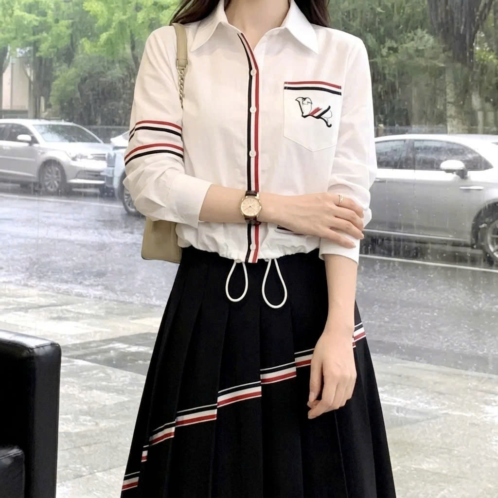 Set áo sơ mi trắng dây rút váy dàu đen Thom Browne 6