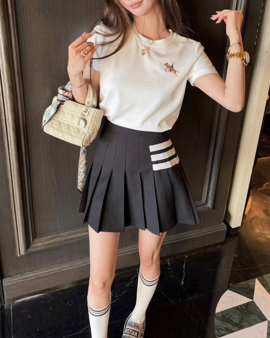 Set áo thun trắng váy xếp ly phối viền trắng Thom Browne 5