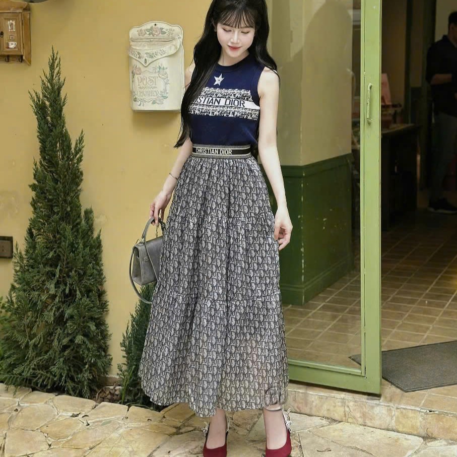 Set bộ áo dệt kim váy voan dài Dior 7