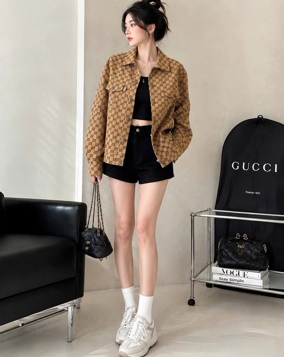 Áo khoác vàng nâu họa tiết hãng Gucci 4
