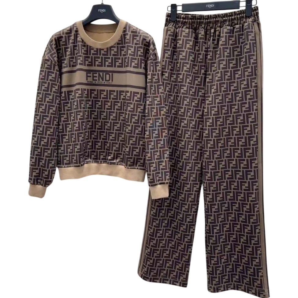 Set áo quần dài họa tiết hãng Fendi nâu 4