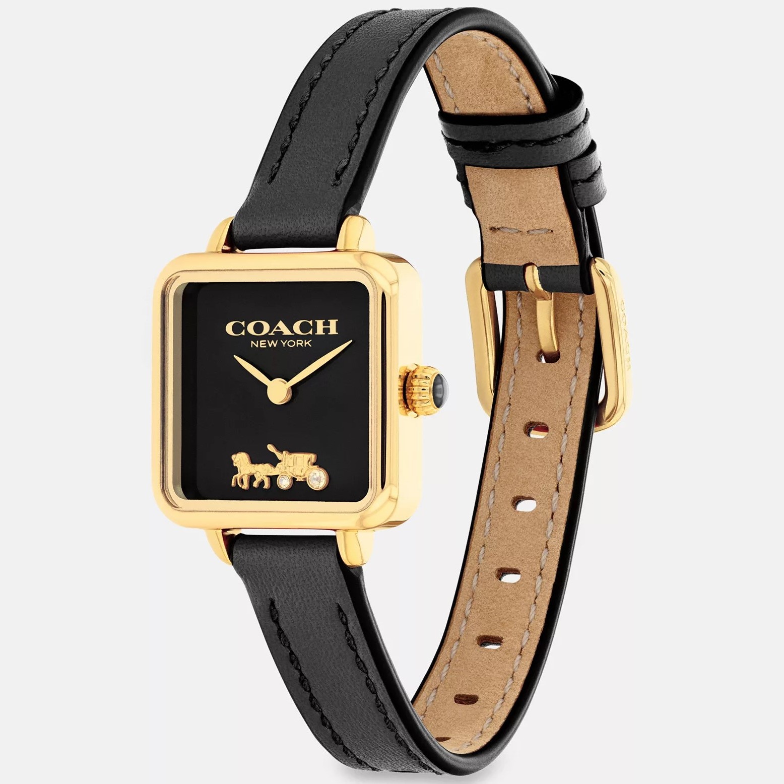 ĐỒNG HỒ NỮ COACH CASS SIGNATURE HORSE AND CARRIAGE ION-PLATED GOLDTONE STEEL AND BLACK LEATHER STRAP WATCH 14504225 1