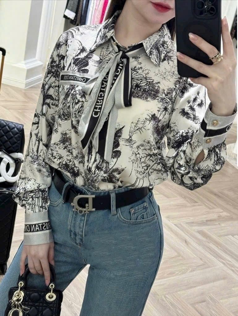 Áo sơ mi lụa nữ kèm dây nơ Dior 5