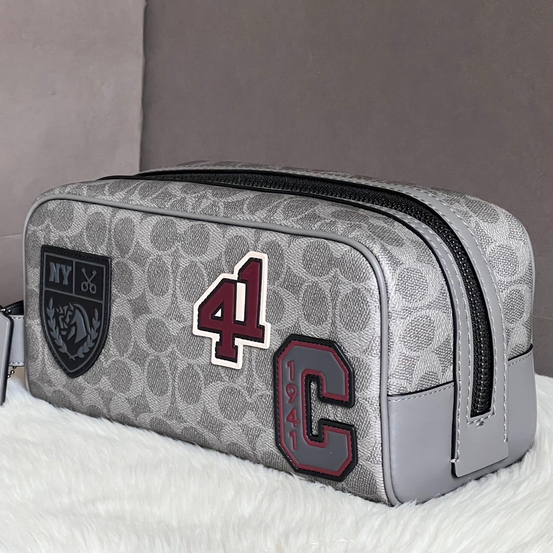 Túi Coach Nam Large Travel Kit In Signature Canvas With Patches Grey Multi CCF36 1